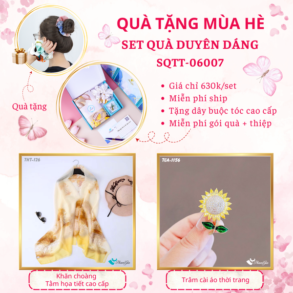 Quà Tặng Mùa Hè - Set Quà Tặng Khăn Choàng Tằm Họa Tiết Và Ghim Cài Áo Duyên Dáng (SQTT06007)