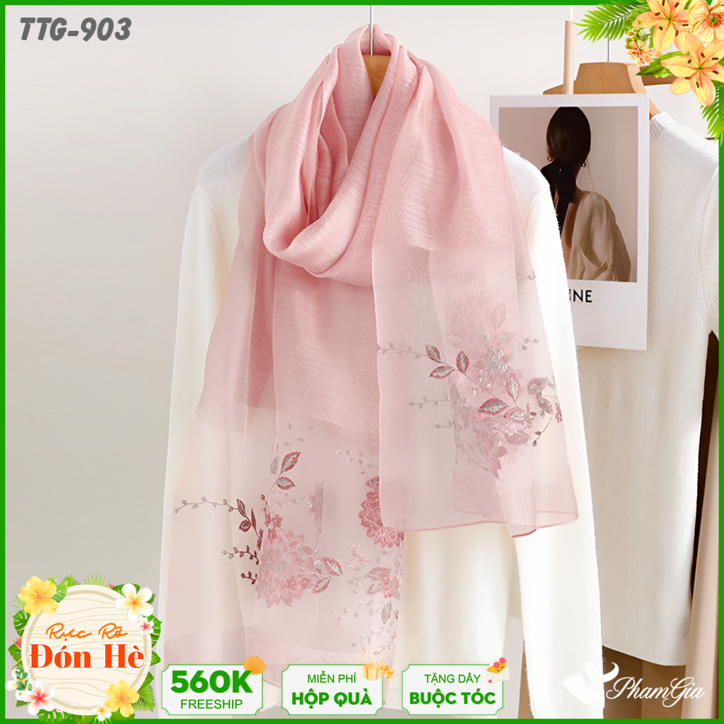 Khăn Choàng Tơ Tằm Gân Cao Cấp Thêu Hoa Cúc Đại Đóa Màu Hồng Baby Trang