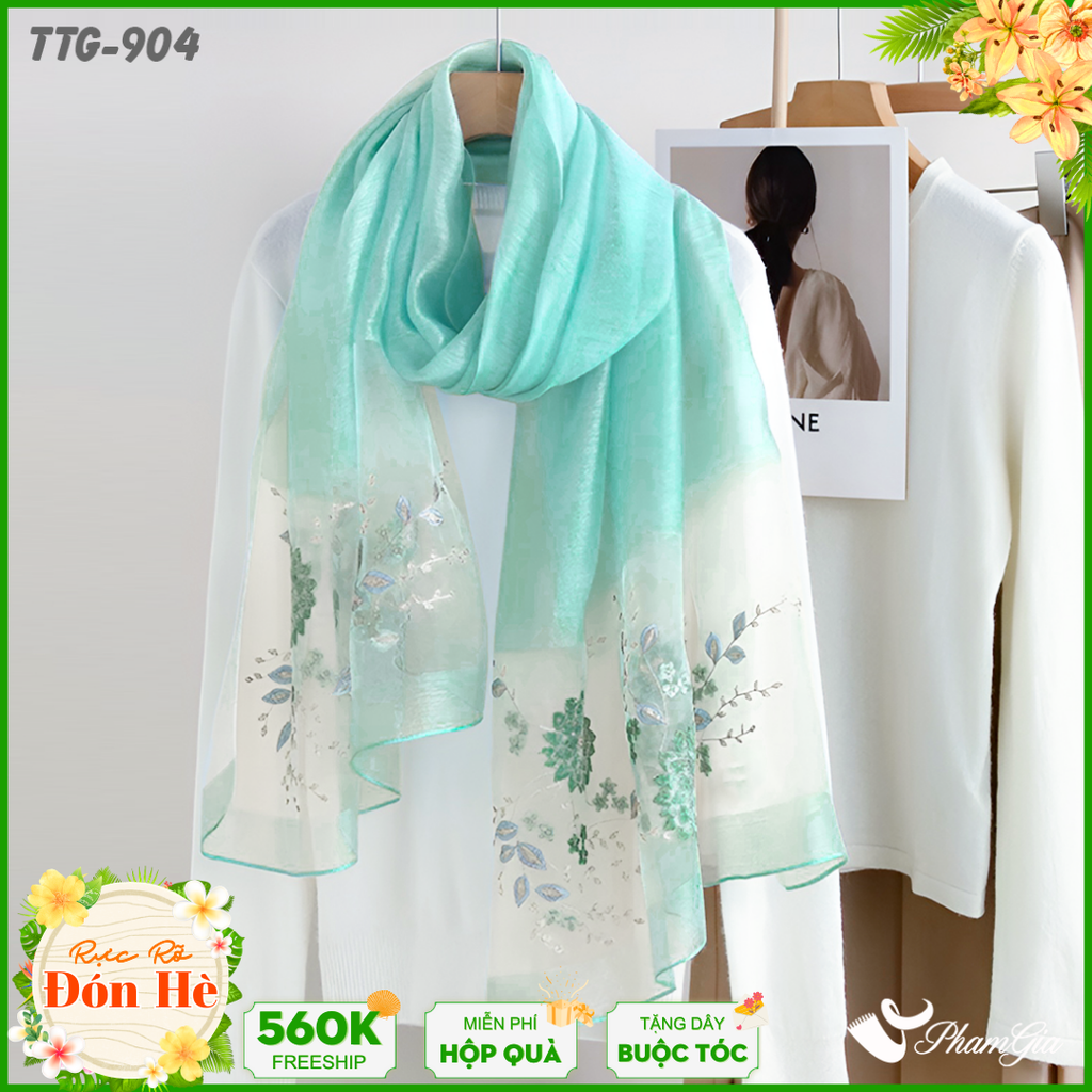 Khăn Choàng Tơ Tằm Gân Cao Cấp Thêu Hoa Cúc Đại Đóa Màu Xanh Baby Thanh