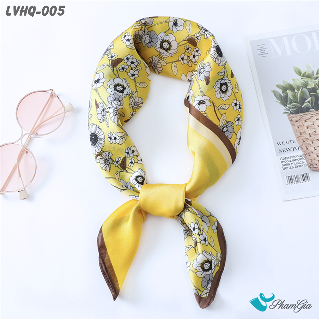 Góc Thẳng Khăn Lụa Vuông 70*70cm Phong Cách Hàn Quốc Họa Tiết Hoa Nhí Màu Vàng