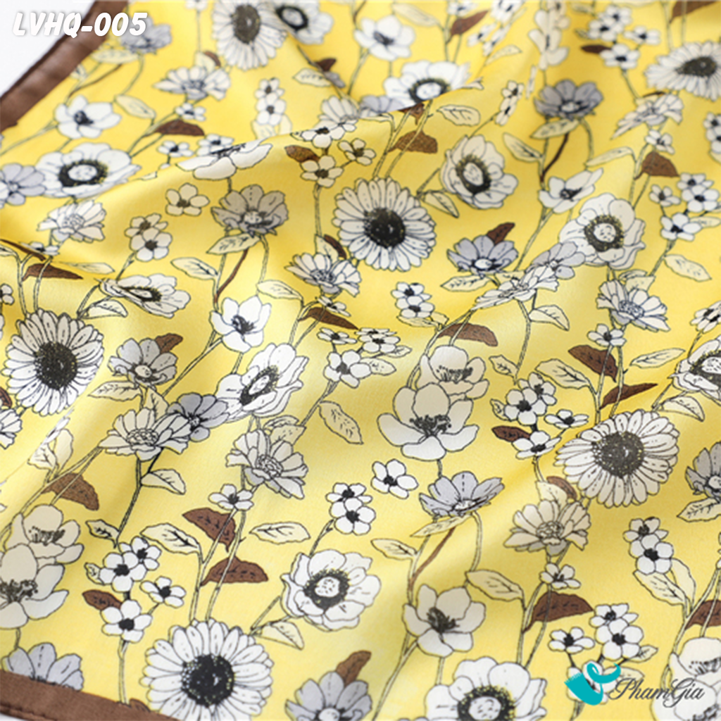 Cận Cảnh Khăn Lụa Vuông 70*70cm Phong Cách Hàn Quốc Họa Tiết Hoa Nhí Màu Vàng