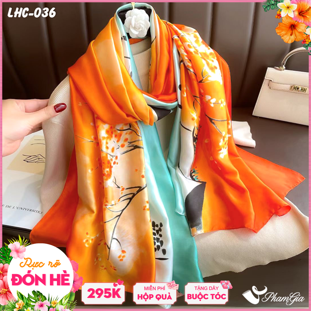 Khăn Choàng Lụa Hàng Châu Màu Cam Phối Xanh Ngọc Ombre Họa Tiết Hoa Đào Thanh Lịch