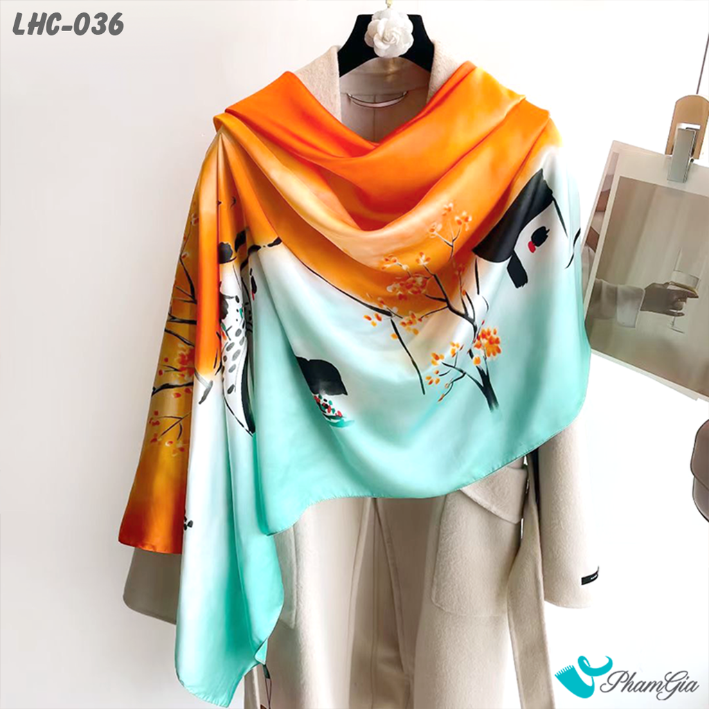 Góc Thẳng Khăn Choàng Lụa Hàng Châu Màu Cam Phối Xanh Ngọc Ombre Họa Tiết Hoa Đào Thanh Lịch