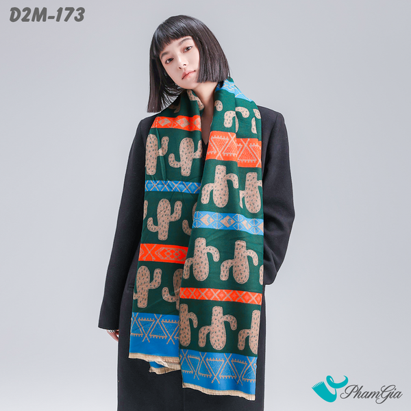 Khăn Choàng Dạ Cashmere 2 Mặt Cao Cấp Họa Tiết Thổ Cẩm Xương Rồng Phối Nhiều Màu Cá Tính (D2M173)