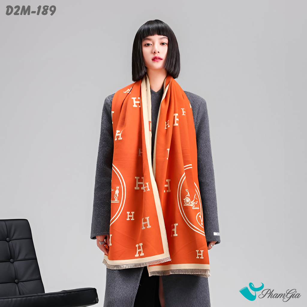 Người Mẫu Choàng Khăn Choàng Dạ Cashmere 2 Mặt Cao Cấp Họa Tiết Xe Ngựa Cổ Điển Màu Cam Cháy Ấn Tượng