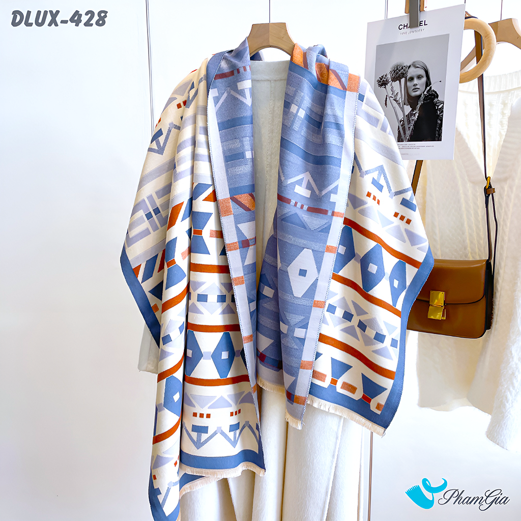 Góc Thẳng Khăn Choàng Dạ Cashmere Cao Cấp Họa Tiết Hình Học Hiện Đại Màu Xanh Viền Cam Cá Tính