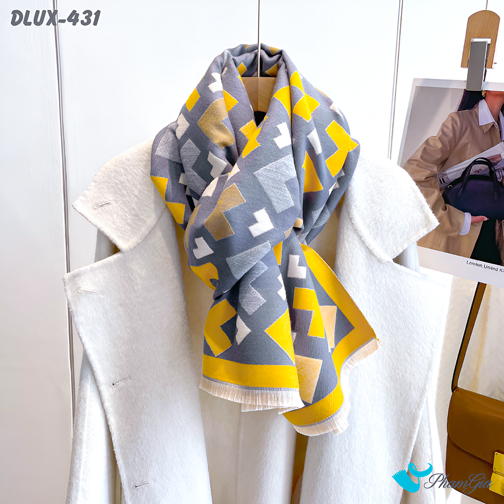 Góc Thẳng Khăn Choàng Dạ Cashmere Cao Cấp Họa Tiết Mũi Tên Hình Học Màu Xám Viền Vàng Hiện Đại