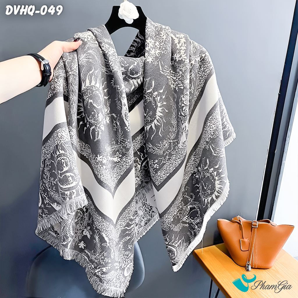 Khăn Choàng Dạ Cashmere Vuông Phong Cách Hàn Quốc Cao Cấp Họa Tiết Mặt Trời Màu Xám Khói