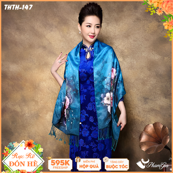 Khăn Choàng Tằm Hoa Thượng Hải 2 Lớp Cao Cấp Họa Tiết Hoa Hồng Màu Xanh Ngọc Kiều Diễm (THTH147)