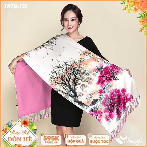 Khăn Choàng Tằm Hoa Thượng Hải 2 Lớp Cao Cấp Họa Tiết Thủy Mặc Màu Hồng Phấn Trang Nhã (THTH121)
