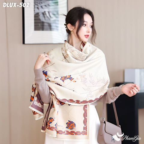 Khăn Choàng Dạ Cashmere Cao Cấp Họa Tiết Đài Sen Phối Màu Hồng - Kem Duyên Dáng (DLUX504)