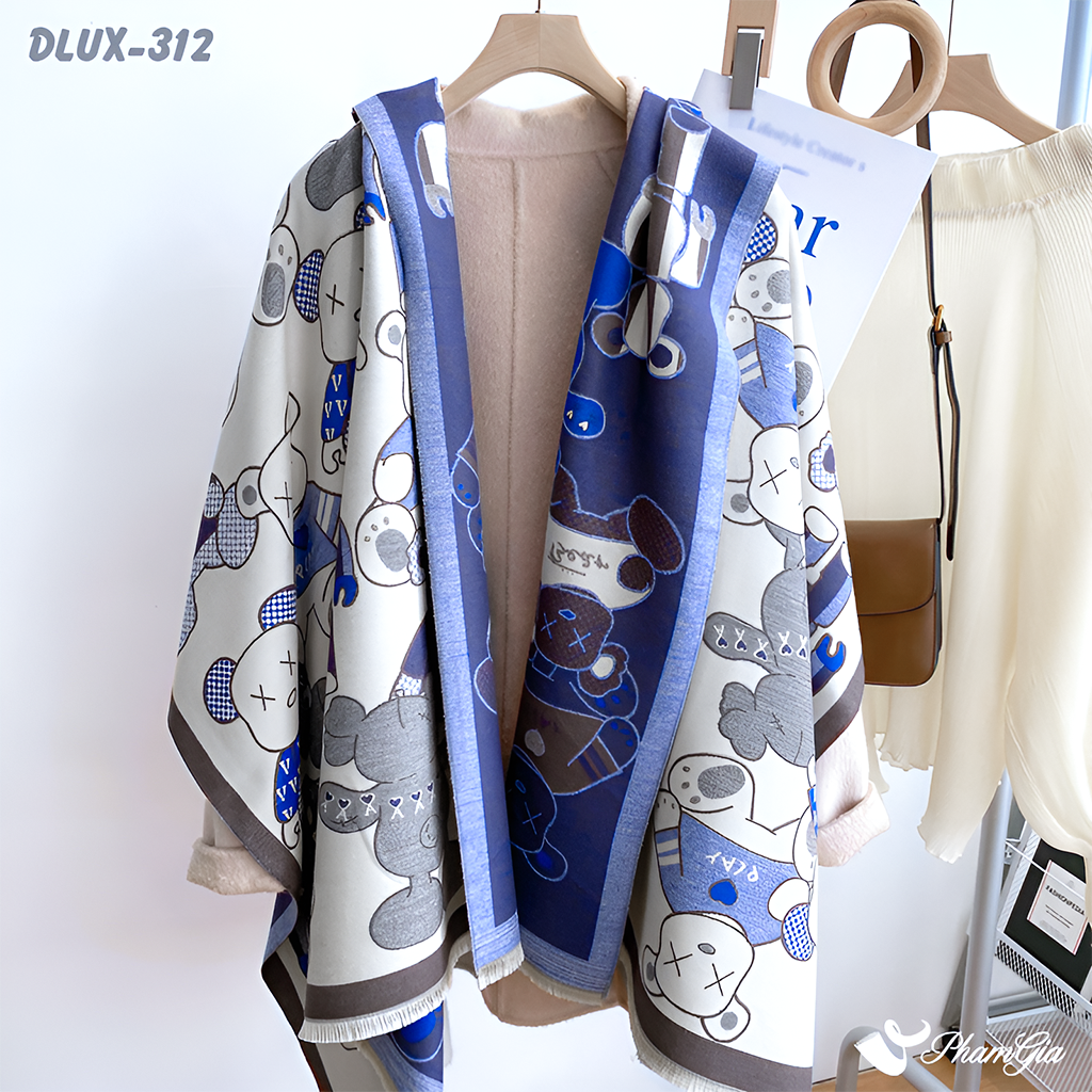 Góc Thẳng Khăn Choàng Dạ Cashmere Cao Cấp Họa Tiết Gấu BearBrick Màu Xanh Navy Cá Tính