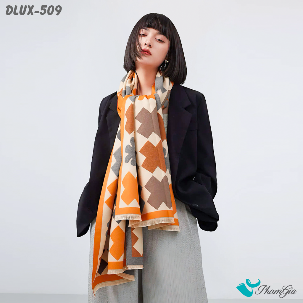 Khăn Choàng Dạ Cashmere Cao Cấp Họa Tiết Hình Khối Phối Màu Viền Cam Nổi Bật