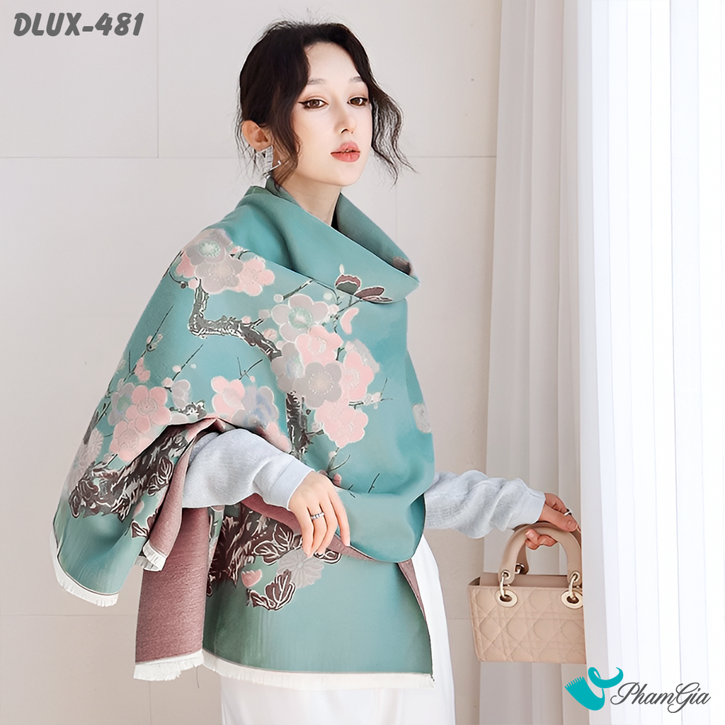 Người Mẫu Choàng Khăn Choàng Dạ Cashmere Cao Cấp Họa Tiết Hoa Đào Màu Xanh Ngọc Trang Nhã