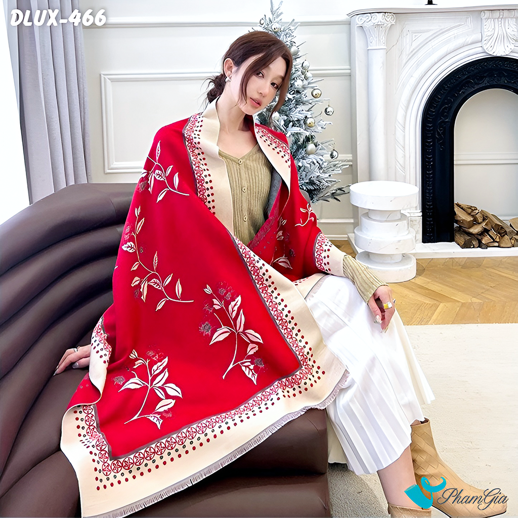 Khăn Choàng Dạ Cashmere Cao Cấp Họa Tiết Hoa Tuyết Mai Màu Đỏ Ruby Trang Nhã