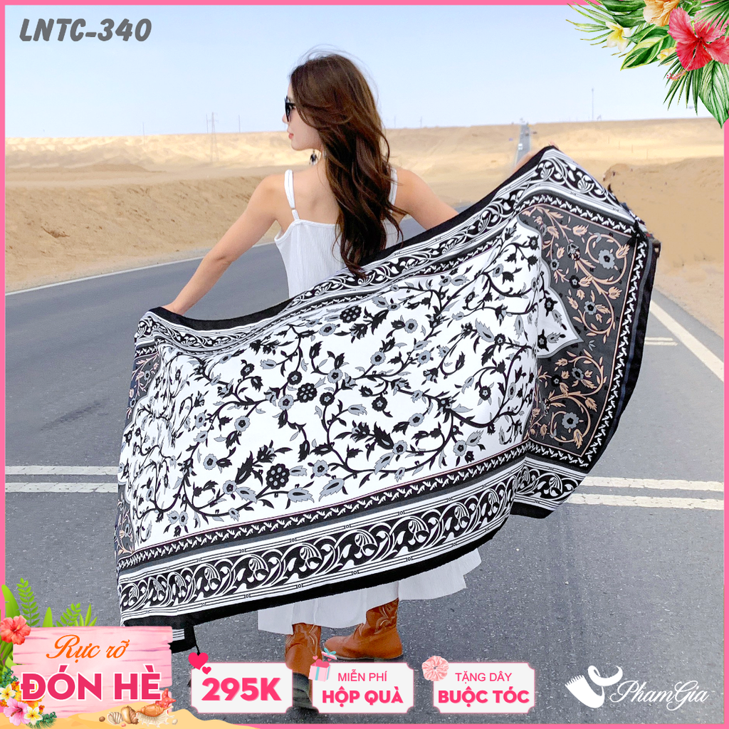 Khăn Choàng Linen Boho Họa Tiết Hoa Dây Leo Cổ Điển Màu Trắng Đen Thanh Lịch