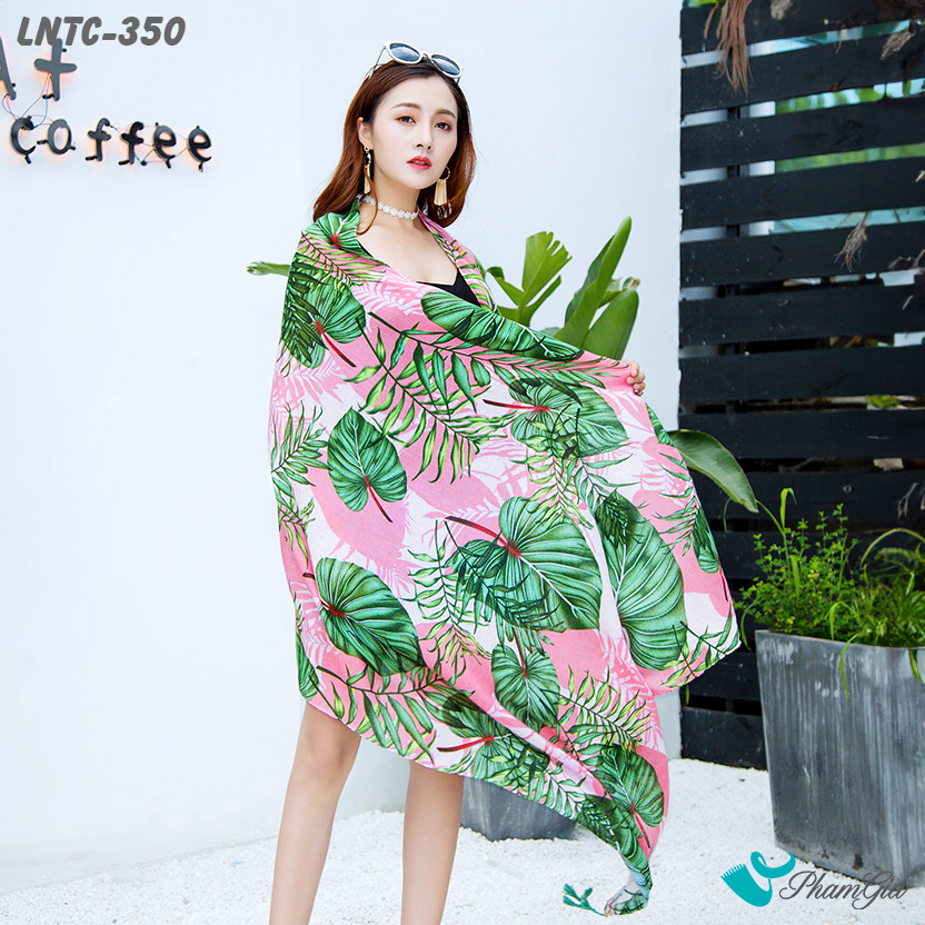 Khăn Choàng Linen Boho Họa Tiết Lá Xanh Nhiệt Đới Màu Hồng Baby Tươi Mát