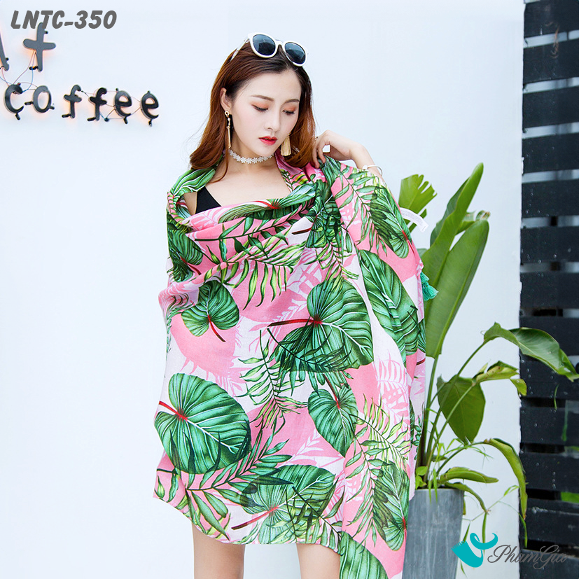 Người Mẫu Choàng Khăn Choàng Linen Boho Họa Tiết Lá Xanh Nhiệt Đới Màu Hồng Baby Tươi Mát