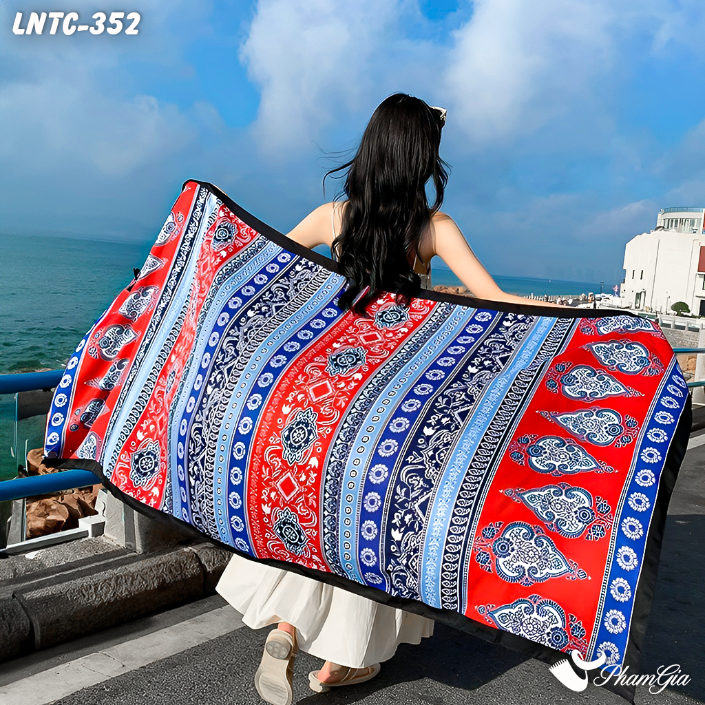 Khăn Choàng Linen Boho Họa Tiết Thổ Cẩm Paisley Phối Màu Đỏ Xanh Nổi Bật