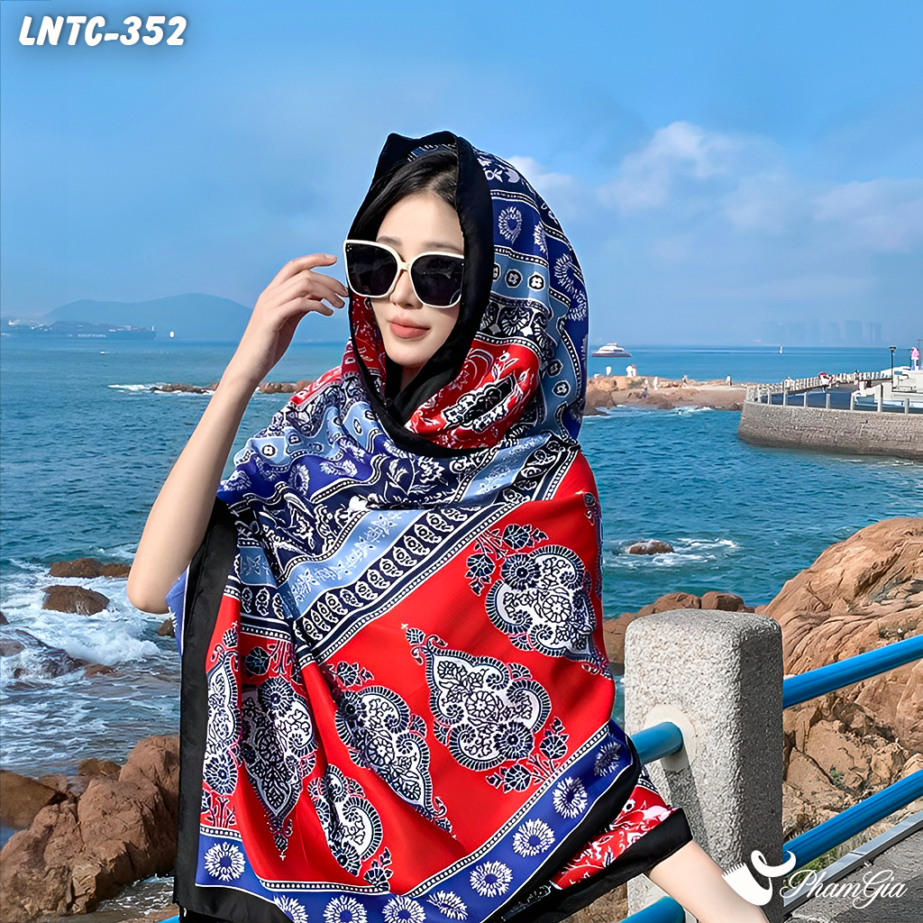 Model Choàng Khăn Choàng Linen Boho Họa Tiết Thổ Cẩm Paisley Phối Màu Đỏ Xanh Nổi Bật