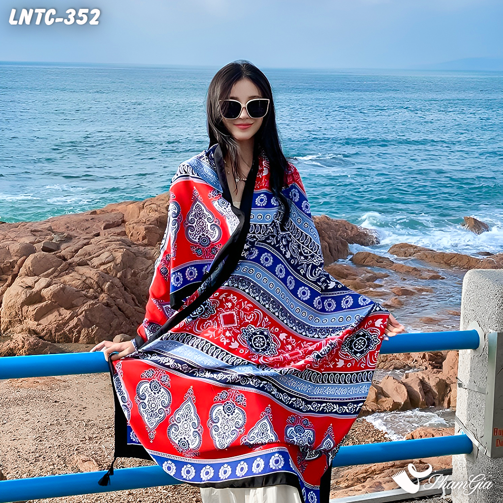 Họa Tiết Khăn Choàng Linen Boho Họa Tiết Thổ Cẩm Paisley Phối Màu Đỏ Xanh Nổi Bật