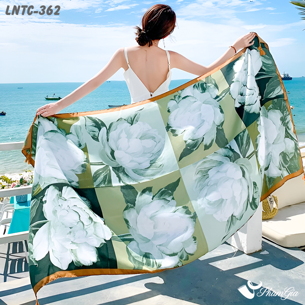 Khăn Choàng Linen Boho Họa Tiết Thổ Cẩm Phối Hoa Màu Xanh Mint Ngọt Ngào