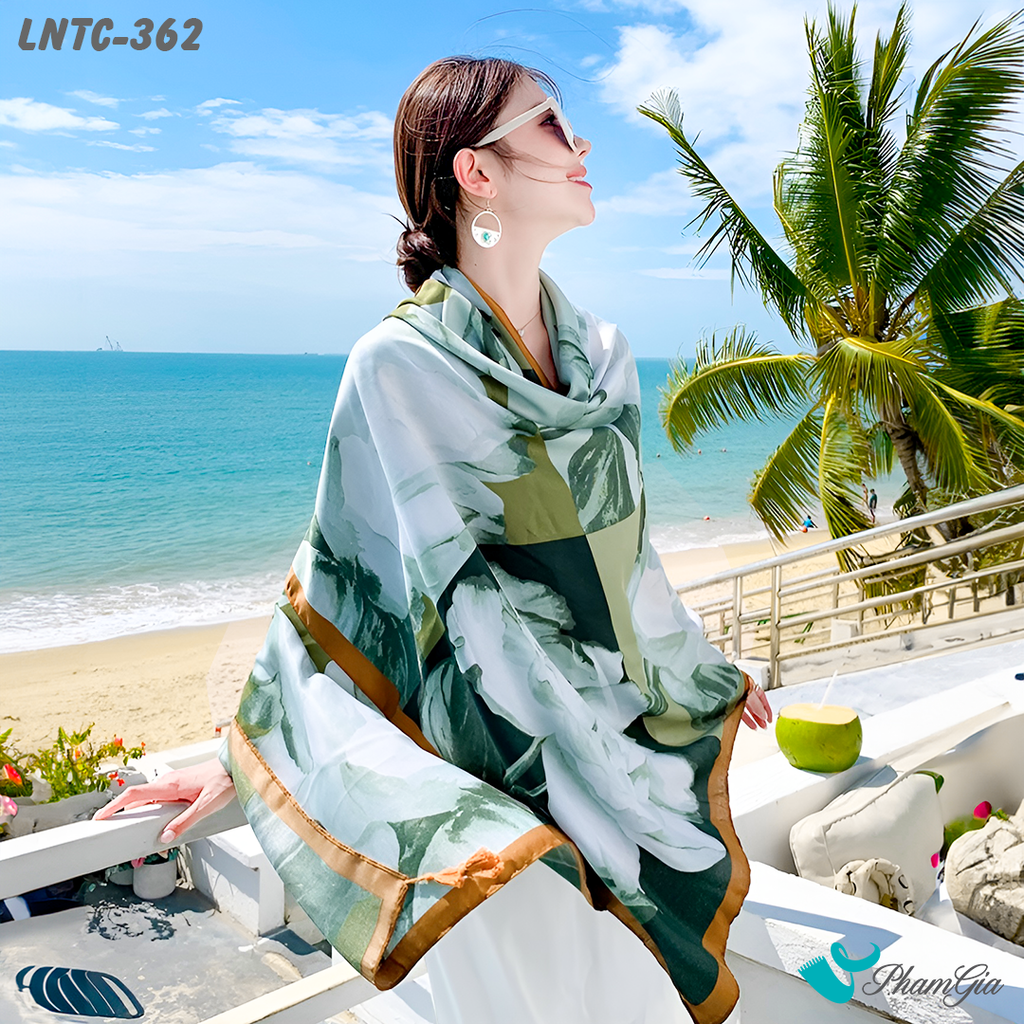 Góc Nghiêng Khăn Choàng Linen Boho Họa Tiết Thổ Cẩm Phối Hoa Màu Xanh Mint Ngọt Ngào