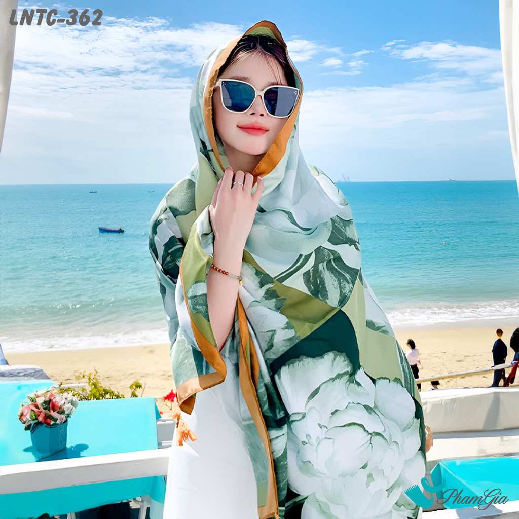 Model Choàng Khăn Choàng Linen Boho Họa Tiết Thổ Cẩm Phối Hoa Màu Xanh Mint Ngọt Ngào