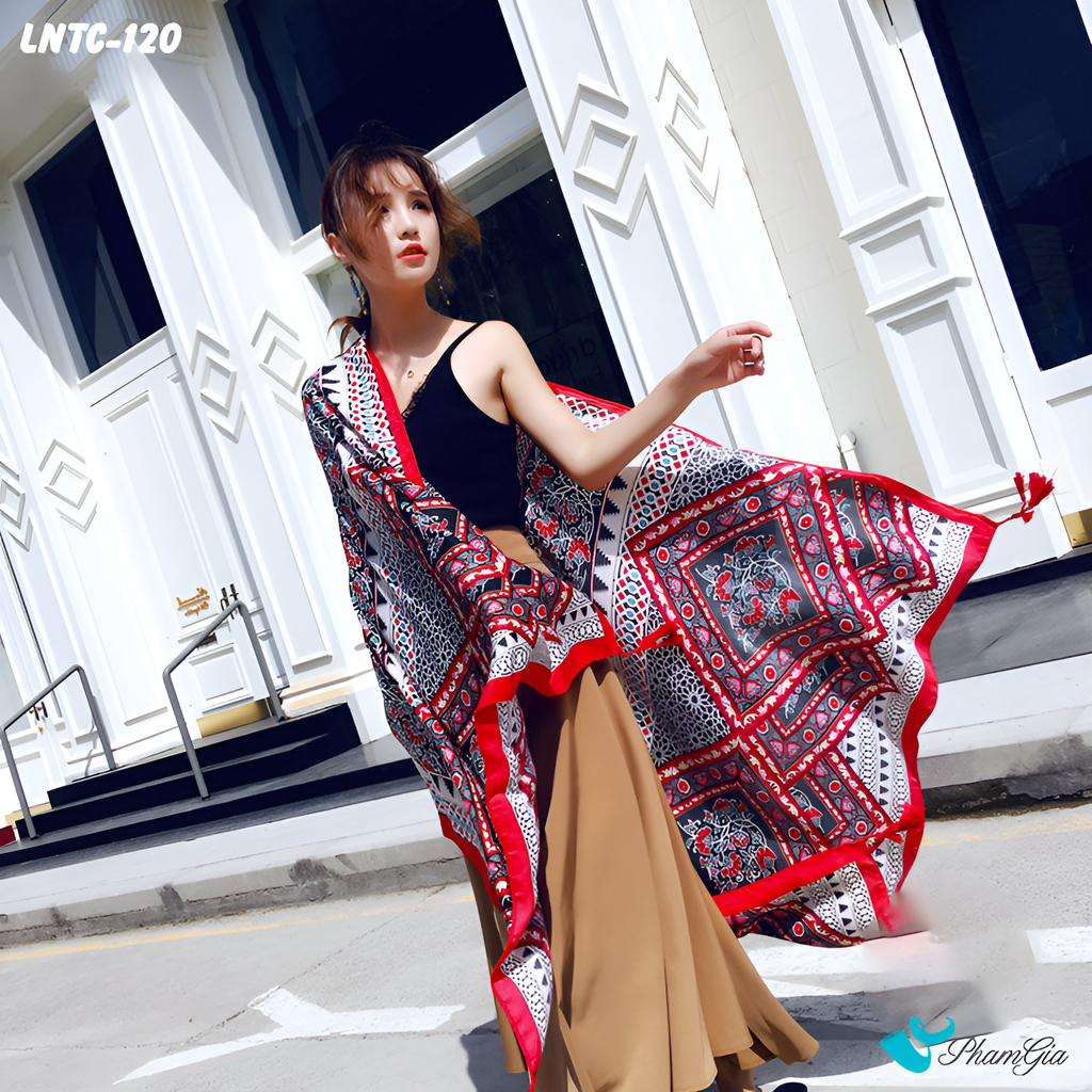 Khăn Choàng Linen Boho Họa Tiết Thổ Cẩm Tribal Màu Đỏ Phối Trắng Cá Tính