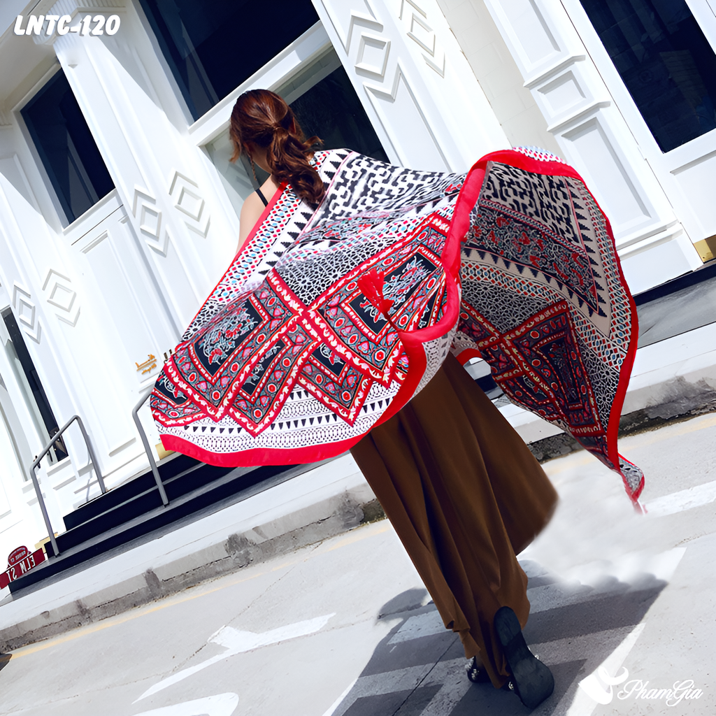 Họa Tiết Khăn Choàng Linen Boho Họa Tiết Thổ Cẩm Tribal Màu Đỏ Phối Trắng Cá Tính