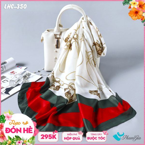 Khăn Choàng Lụa Hàng Châu Họa Tiết Dây Tua Rua Viền Xanh Phối Đỏ Thời Thượng (LHC350)