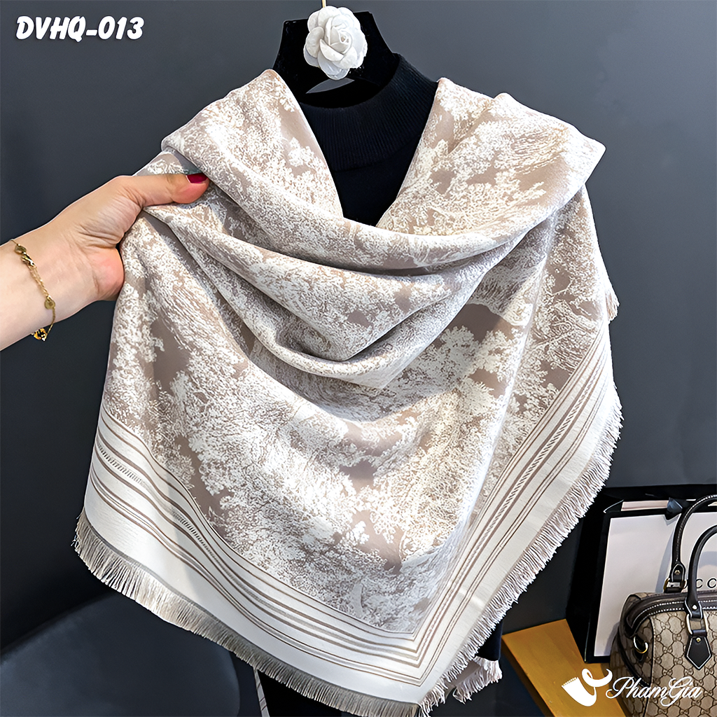 Góc Nghiêng Khăn Choàng Dạ Cashmere Vuông Phong Cách Hàn Quốc Cao Cấp Họa Tiết Tranh Rừng Cổ Điển Màu Bạc Xỉu