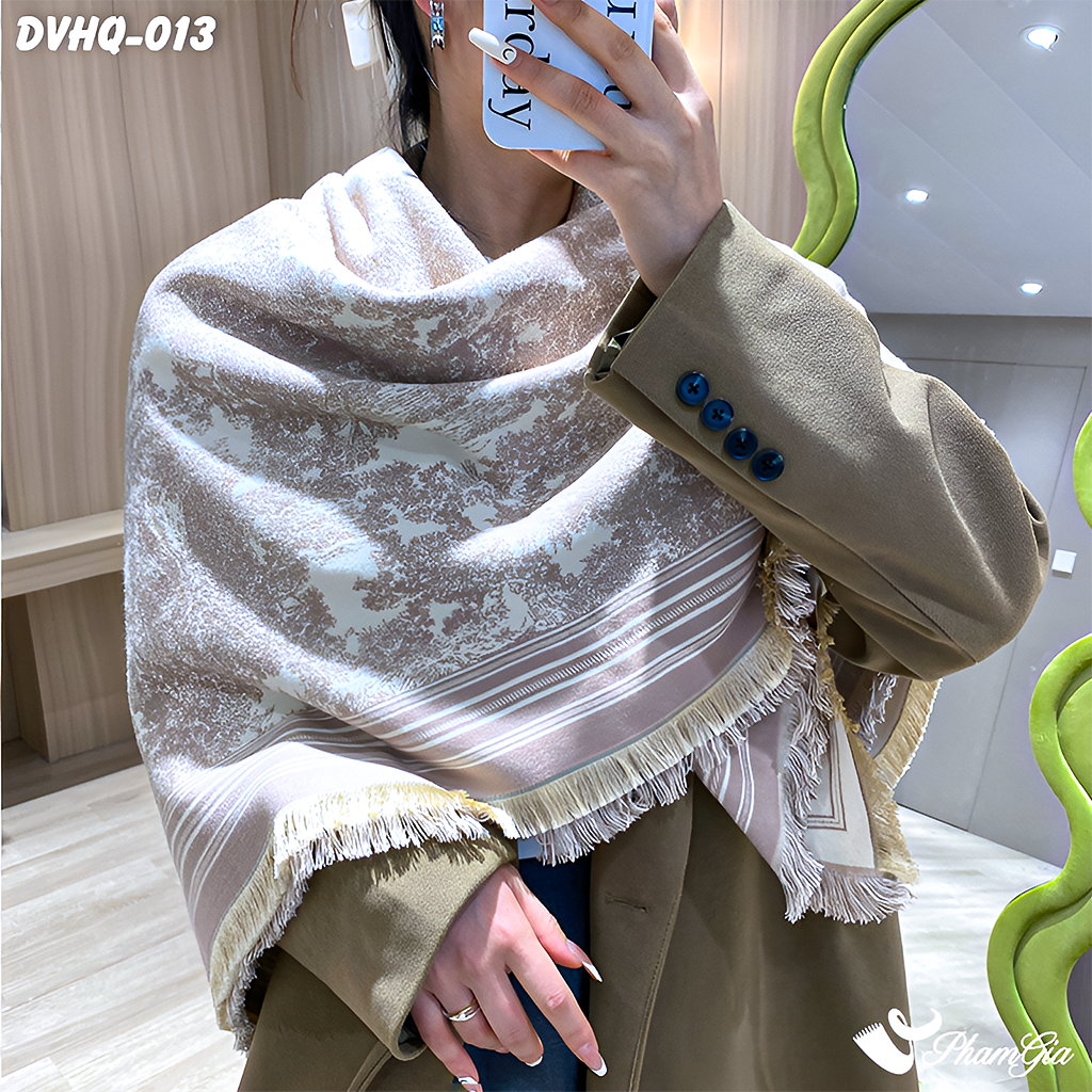 Model Choàng Khăn Choàng Dạ Cashmere Vuông Phong Cách Hàn Quốc Cao Cấp Họa Tiết Tranh Rừng Cổ Điển Màu Bạc Xỉu