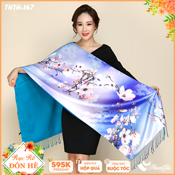 Khăn Choàng Tằm Hoa Thượng Hải 2 Lớp Cao Cấp Họa Tiết Hoa Mộc Lan Màu Xanh Coban Sang Trọng (THTH167)
