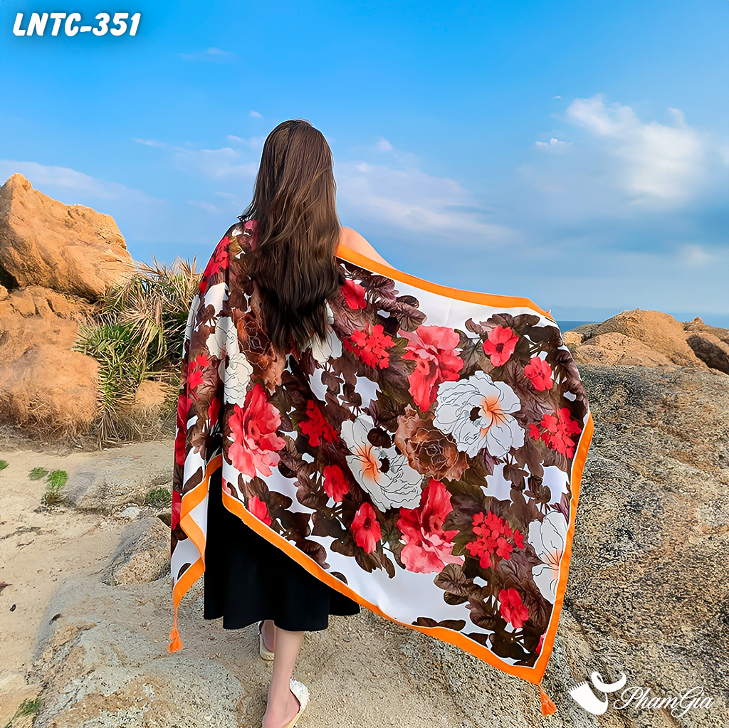 Khăn Choàng Linen Boho Họa Tiết Hoa Mẫu Đơn Phối Màu Trắng Đỏ Viền Cam Quyến Rũ