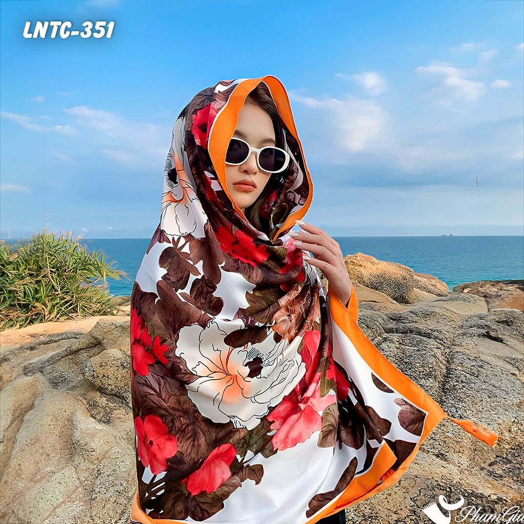 Góc Nghiêng Khăn Choàng Linen Boho Họa Tiết Hoa Mẫu Đơn Phối Màu Trắng Đỏ Viền Cam Quyến Rũ