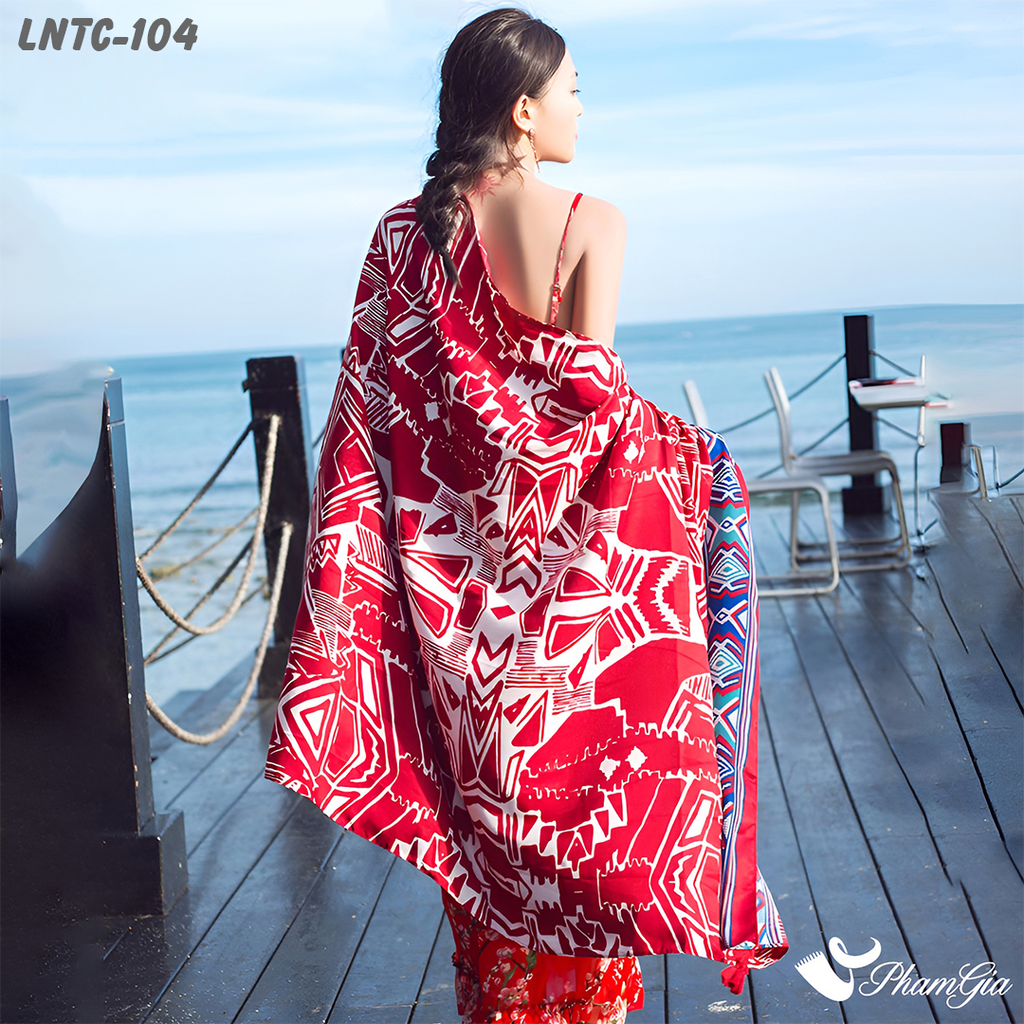 Khăn Choàng Linen Boho Họa Tiết Thổ Cẩm Tribal Màu Đỏ Đô Phối Viền Xanh Cá Tính