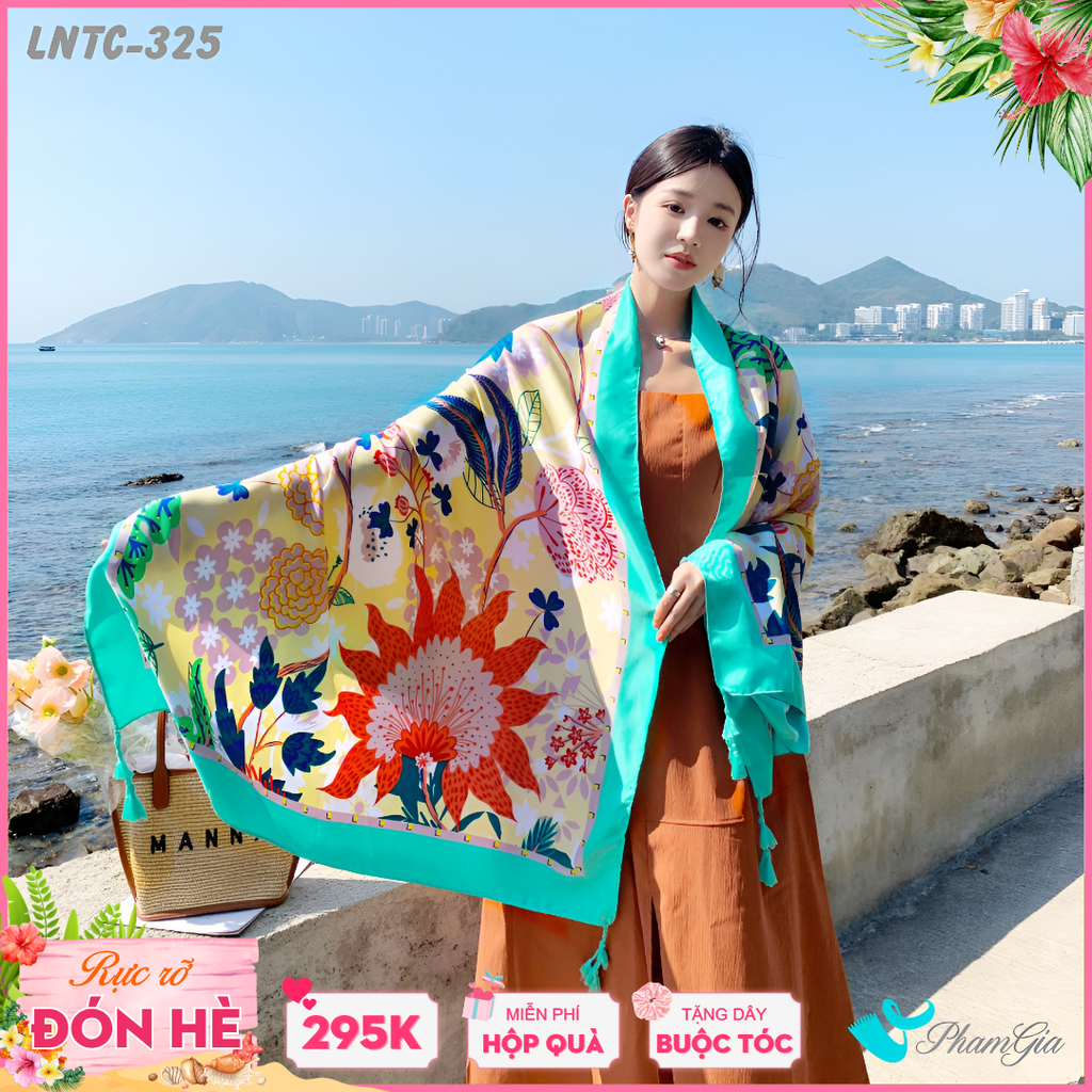 Khăn Choàng Linen Boho Họa Tiết Vườn Nhiệt Đới Màu Vàng Kem Phối Xanh Mint Tươi Mát