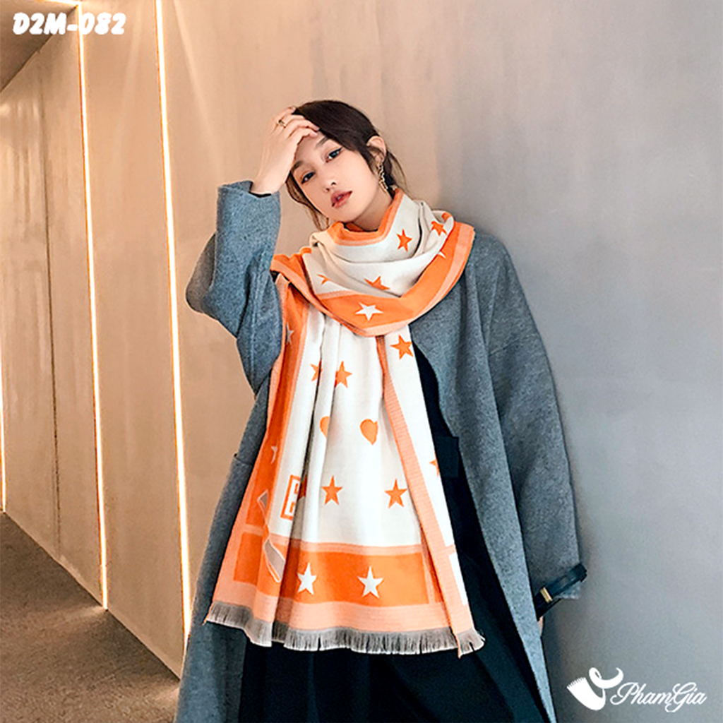 Khăn Choàng Dạ Cashmere 2 Mặt Cao Cấp Họa Tiết Tim Sao Màu Cam Nổi Bật