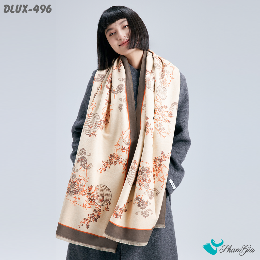 Khăn Choàng Dạ Cashmere Cao Cấp Họa Tiết Cổ Điển Màu Cam Trang Nhã