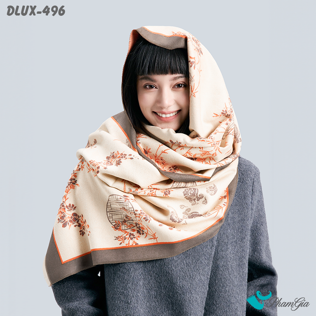 Model Choàng Khăn Choàng Dạ Cashmere Cao Cấp Họa Tiết Cổ Điển Màu Cam Trang Nhã