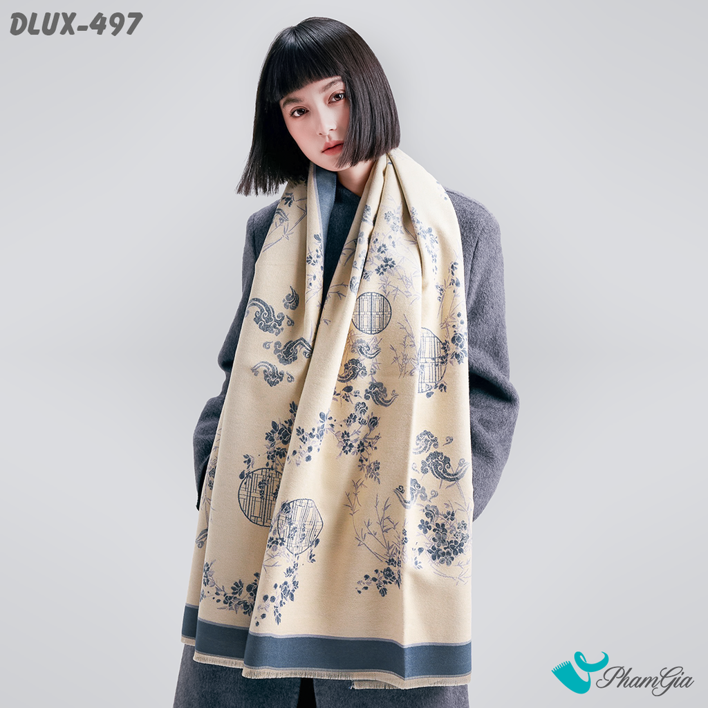 Khăn Choàng Dạ Cashmere Cao Cấp Họa Tiết Cổ Điển Màu Xanh Trang Nhã