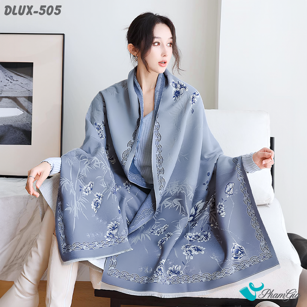 Khăn Choàng Dạ Cashmere Cao Cấp Họa Tiết Đài Sen Màu Xanh Navy Tinh Tế