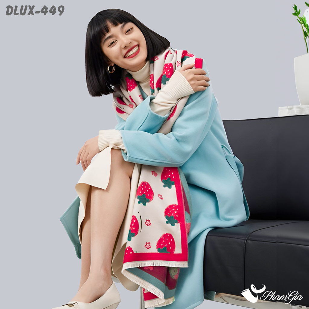 Khăn Choàng Dạ Cashmere Cao Cấp Họa Tiết Dâu Tây Màu Đỏ Cá Tính