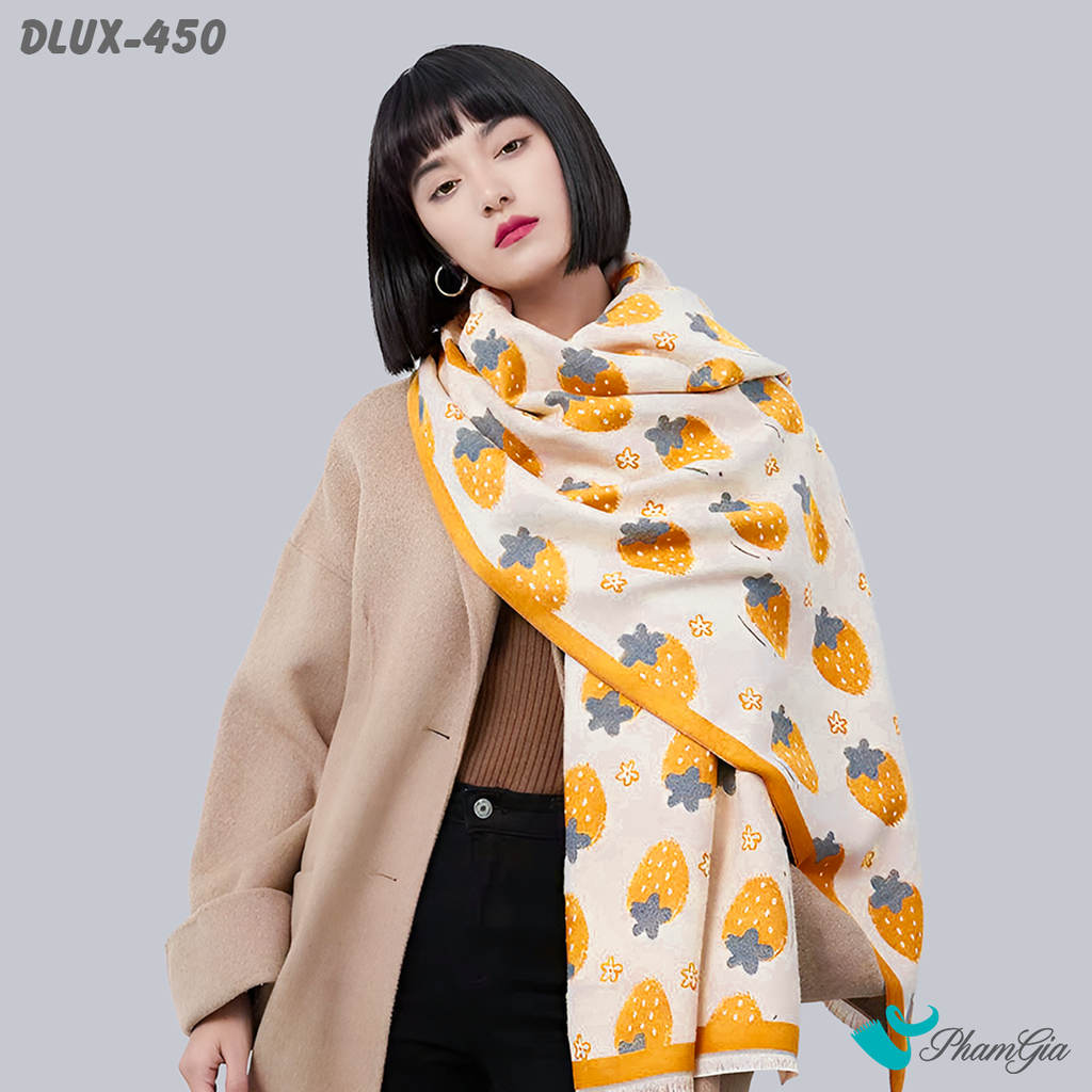 Khăn Choàng Dạ Cashmere Cao Cấp Họa Tiết Dâu Tây Màu Vàng Cá Tính