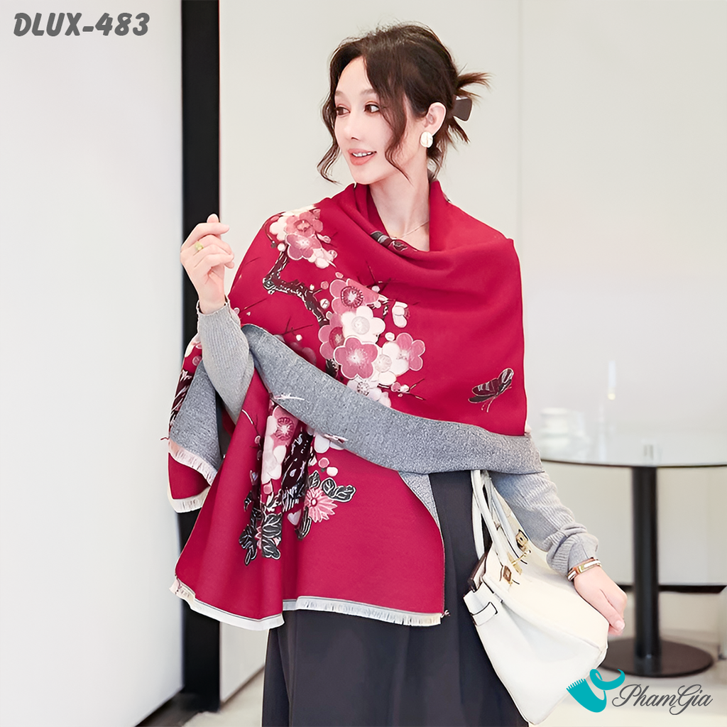 Khăn Choàng Dạ Cashmere Cao Cấp Họa Tiết Hoa Đào Màu Đỏ Đô Sang Trọng