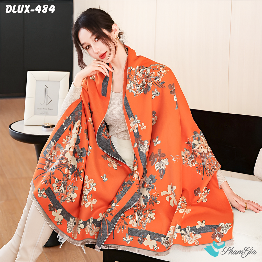 Khăn Choàng Dạ Cashmere Cao Cấp Họa Tiết Hoa Lá Màu Cam Gạch Nổi Bật