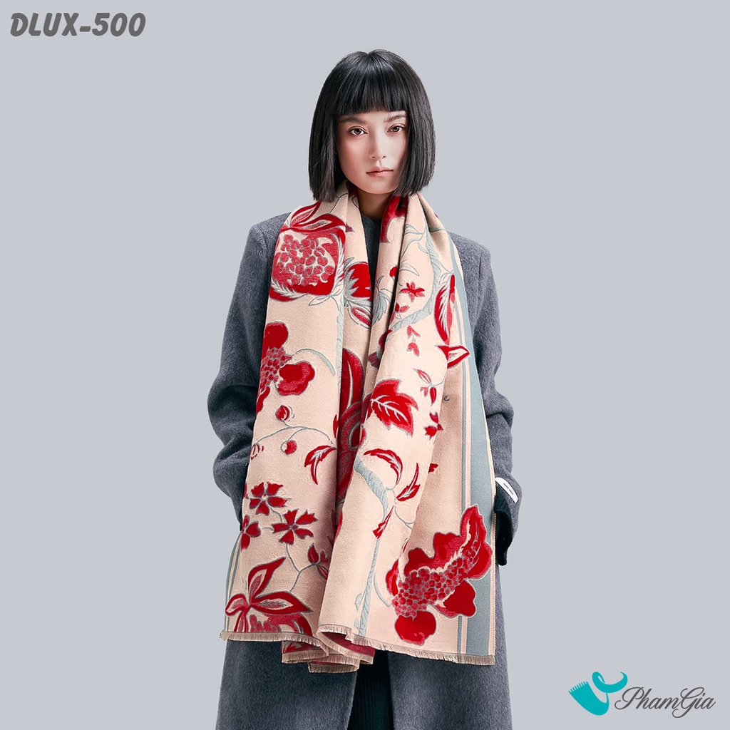 Khăn Choàng Dạ Cashmere Cao Cấp Họa Tiết Hoa Lựu Màu Đỏ Ruby Ấn Tượng