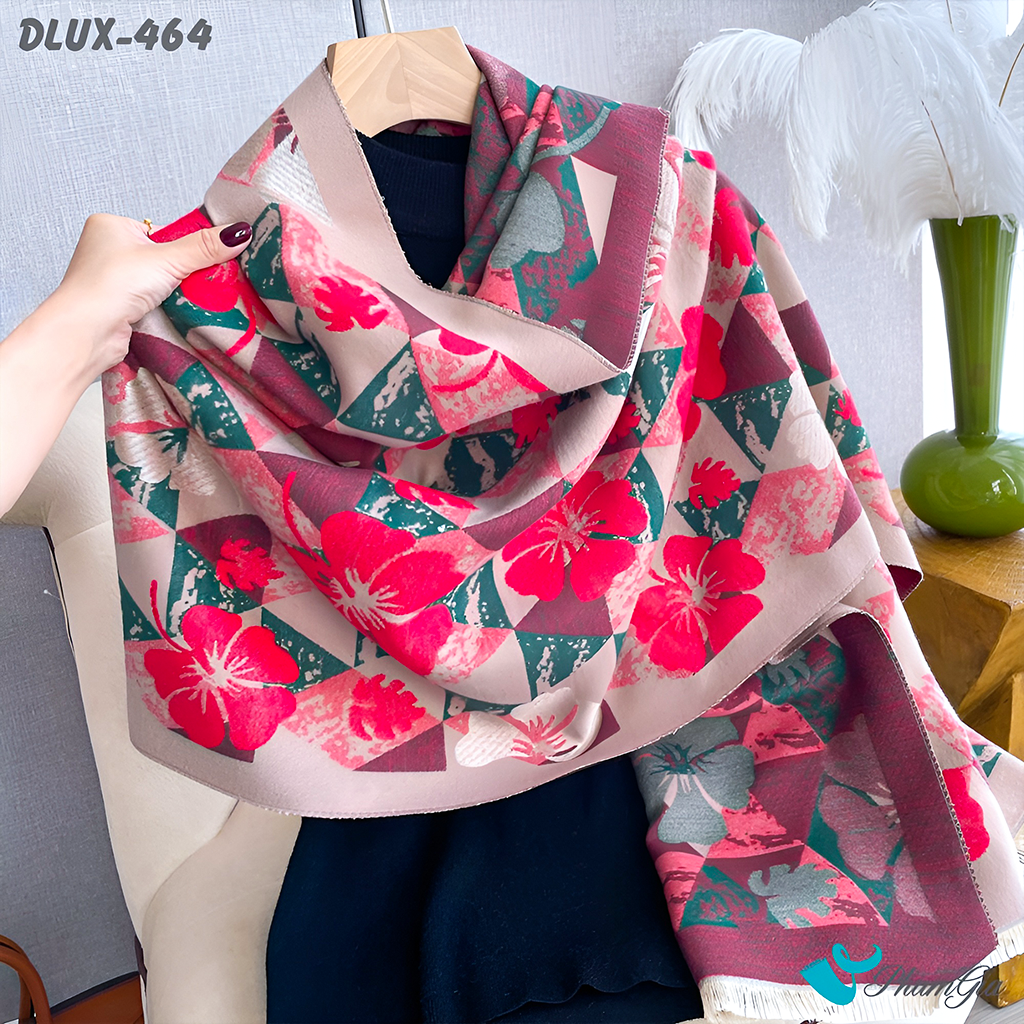 Góc Nghiêng Khăn Choàng Dạ Cashmere Cao Cấp Họa Tiết Hoa Mai Màu Đỏ Sang Trọng