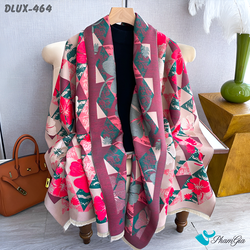 Họa Tiết Khăn Choàng Dạ Cashmere Cao Cấp Họa Tiết Hoa Mai Màu Đỏ Sang Trọng